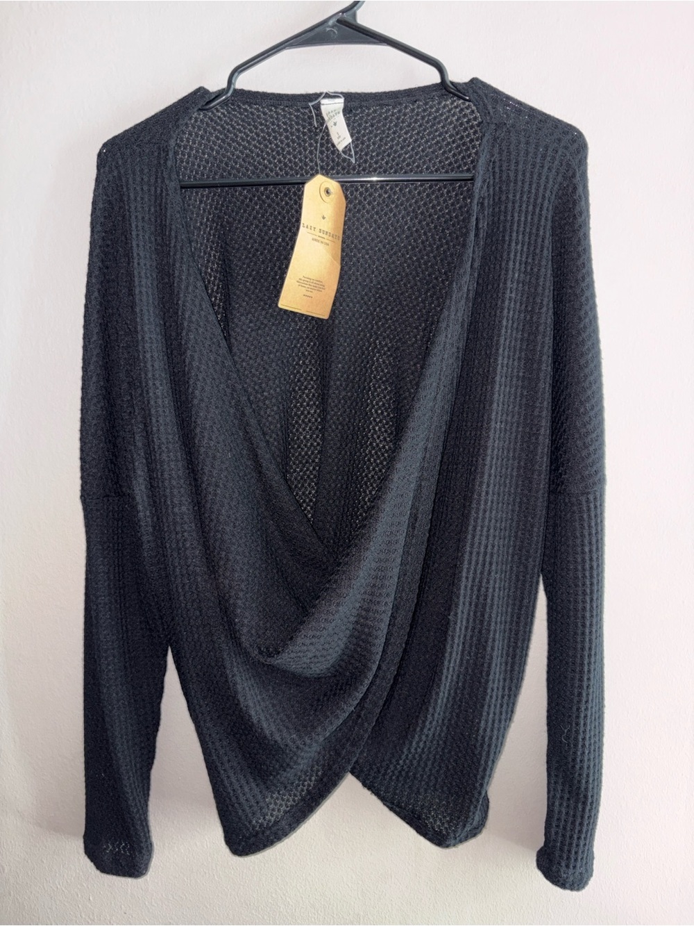 Lazy Sundays - Black Draped Twist V-Neck Waffle-Knit Top